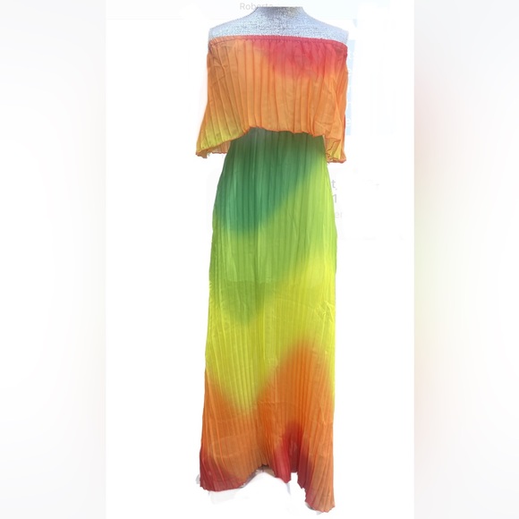 STUNNER PLEATED OFF THE SHOULDER MAXI GRADIENT RAINBOW DRESS- Large ❤️ - Picture 1 of 10